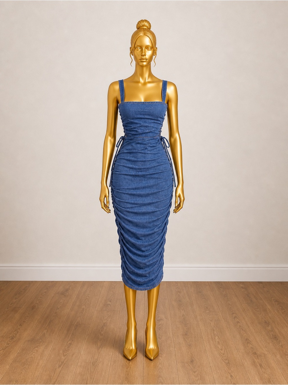 SWANK Denim-Effect Blue Ruched Midi Dress with Side Ties